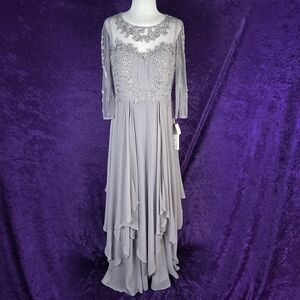 NWT Mother Of Bride Elegant Gray Evening Gown Layered Maxi Dress Jeweled Wedding